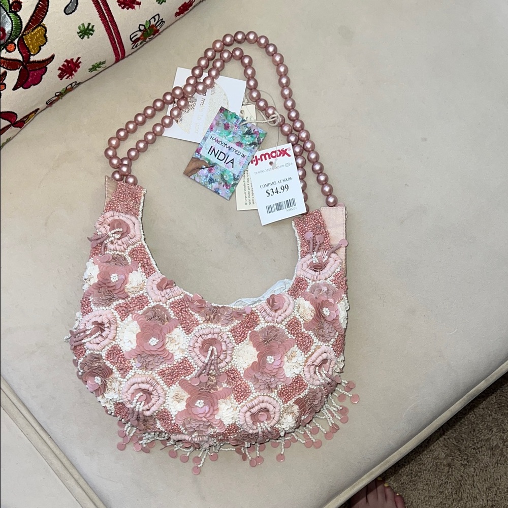 Elegant Beaded Tan Handbag